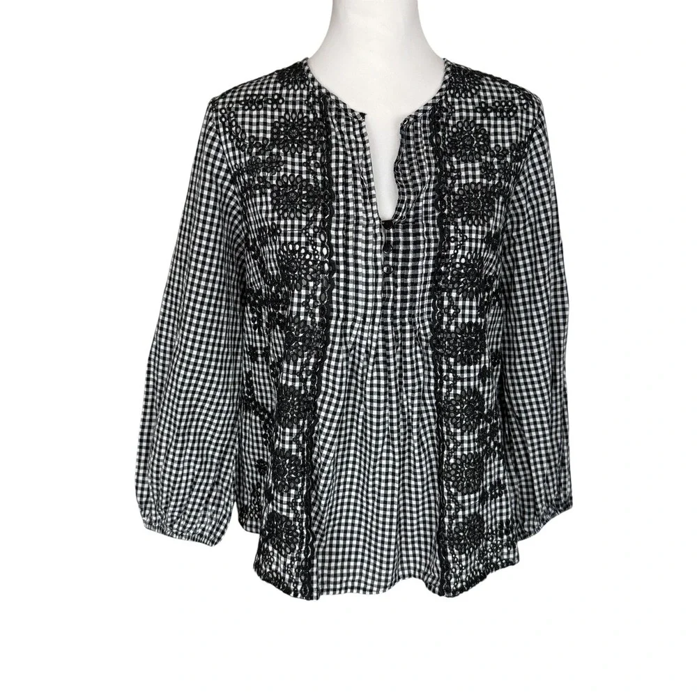 J. Crew Gingham Embroidered Eyelet Blouse Black White Cotton Top Womens Large